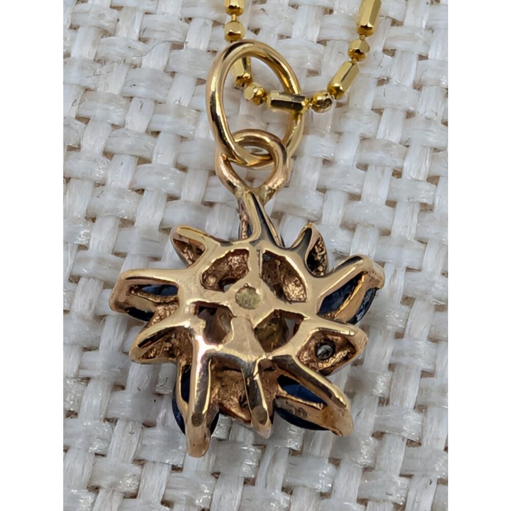 Solid 14K Gold Natural Blue Sapphire & Diamond Flower Pendant Necklace 585 Italy - Picture 2 of 16